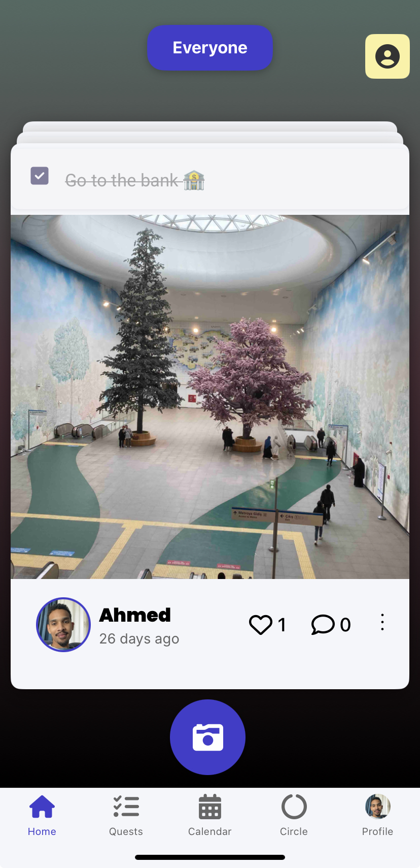 QuestMates mobile app interface showing task management and social features